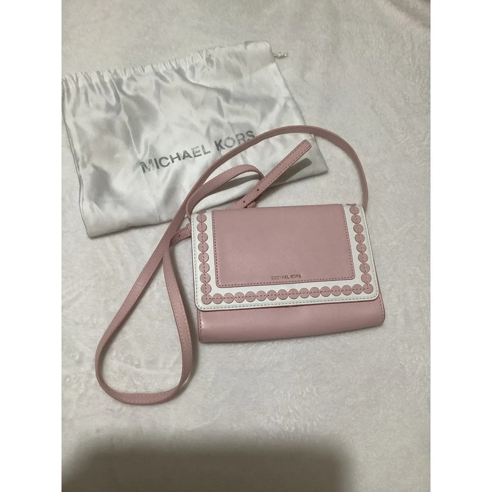 Michael Kors Analise Pink Leather Blossom White Med Messenger Crossbody Bag